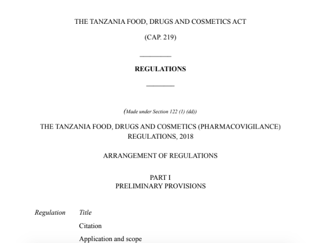 THE TANZANIA FOOD, DRUGS AND COSMETICS (PHARMACOVIGILANCE) REGULATIONS, 2018