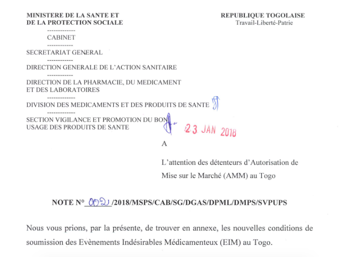 NOTE DE PHARMACOVIGILANCE / Note N° 0022/2018/
